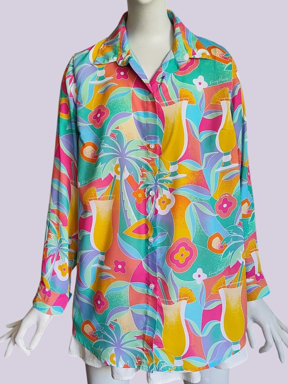 Kenny Flowers X Malibu Colada Collection Signed Island Cocktail Print Blouse M